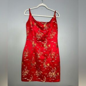 Elegant Red Satin Dress with Gold Accents